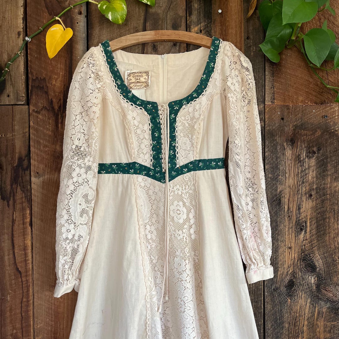Vintage 70s Gunne Sax Prarie Dress Green Floral Lace Size S/M - Etsy