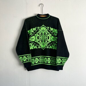 Vintage 80s Neon Green and Black Aztec Flower Snowflake Knit Sweater size M