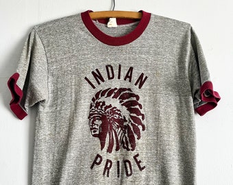 Vintage 70s Indian Pride Chief Mascot Ringer Shirt Size M