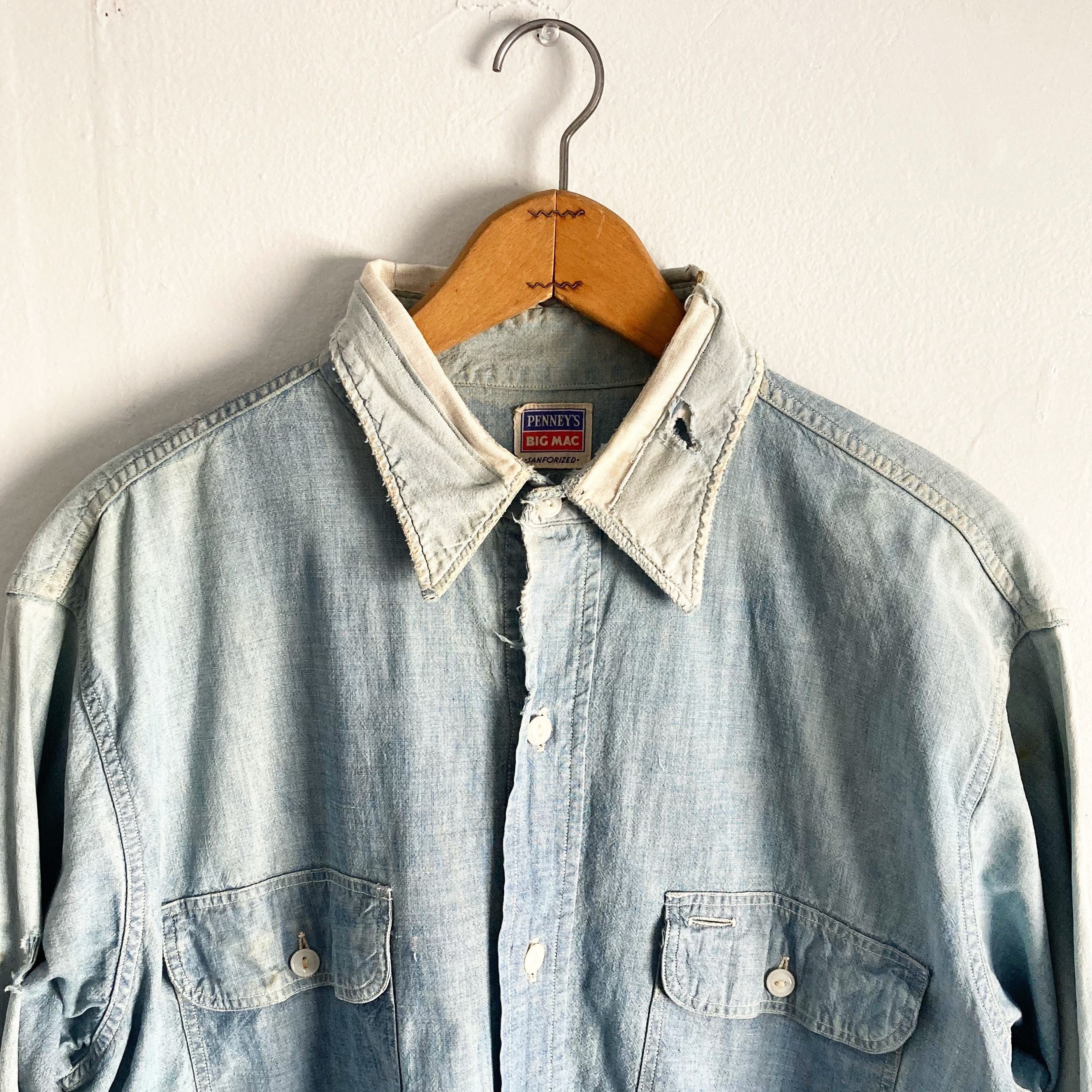 Vintage 1950s Penneys Big Mac Chambray faded distressed repaired size L