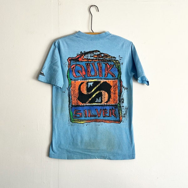 Vintage 80s Quicksilver Neon Surf Skate T Shirt single stitched youth XL adult S