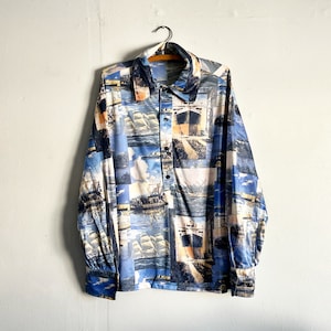 Vintage 60s 70s Novelty Print Half Button Up Naval Maritime Print Shirt Size L
