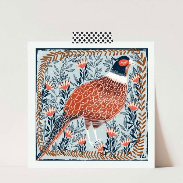 Pheasant square print on recycled paper, British countryside spirit, Home decor, Floral print, Decorative card,