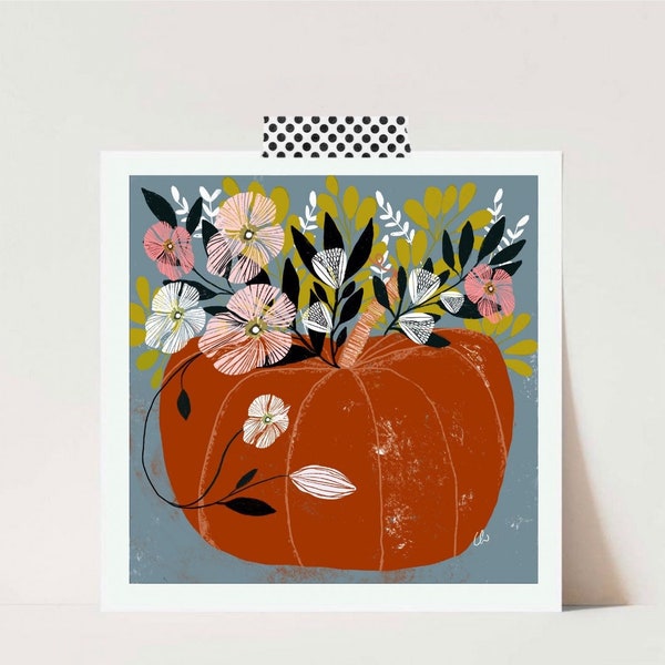 Pumpkin and flowers handmade card, Fine wall art print, Garden and plants lover,  Home decor , Floral print, Halloween card,