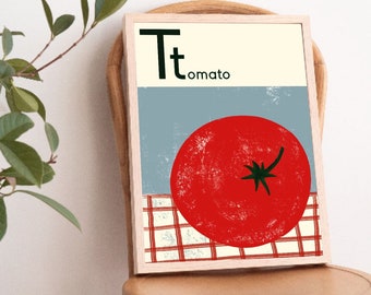 T is for tomato A3 and A4 print, Fun alphabet fine wall art, Home decor idea, Kitchen decor, Food illustration, Summer vibe print, Colorful