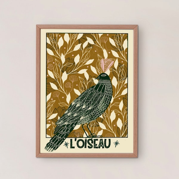 The birds in spring A3 fine wall art, Botanical retro style illustration, Bohemian style print and greeting card, French word typography,