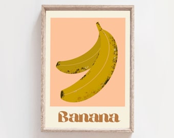 Banana print, A3 pop art style print, Fun food illustration, Cute fruit drawing, Kitchen decor idea, Gift idea, Boho Style,