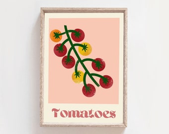 Tomatoes print, boho style, retro style illustration, food illustration, pop art, fun drawing, home decor, kitchen decor, Summer vibe print,