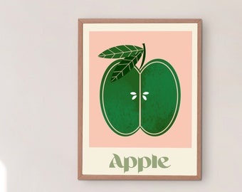 Bright green apple print, Fine wall art, Home decor idea, Food illustration, Fun art, Typography art, Fruit lovers, Pop art style art,