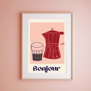 Bonjour print, Fun art for house, Home decor idea, Coffee machine print, Cute greeting card, Print for her, French word art, kitchen decor,