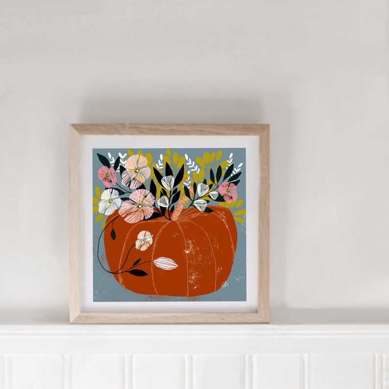 Pumpkin and flowers handmade card, Fine wall art print, Garden and plants lover, Home decor , Floral print, Halloween card, image 3