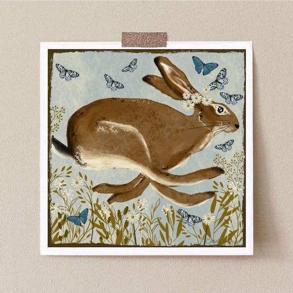 Easter bunny illustration, Home decor, Easter greeting card, Botanical and retro style, Cute Gift idea, Spring illustration,