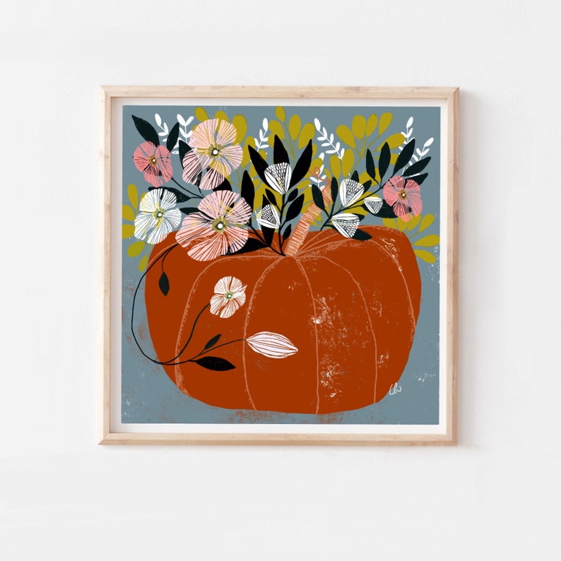 Pumpkin and flowers handmade card, Fine wall art print, Garden and plants lover, Home decor , Floral print, Halloween card, image 2