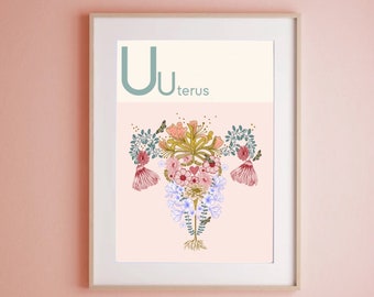 U is for Uterus print, Feminist print, Women's day artwork, Body illustration, Art for her, Floral inspiration, Anatomy art,