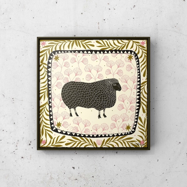 Cute black sheep illustration on acid free paper, Home decor idea, Fine square wall art, Handmade greeting card, Animals lovers gift idea,