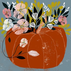 Pumpkin and flowers handmade card, Fine wall art print, Garden and plants lover, Home decor , Floral print, Halloween card, image 4