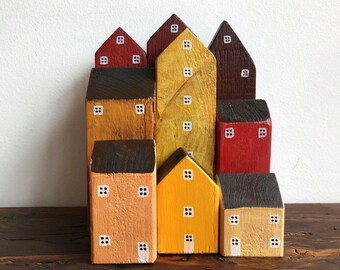 Little Fairy-tale Town Bookend, Colorful Townhouses Bookshelf Decoration, Reclaimed Wood Bookend, Wooden Book End, Nursery Decor