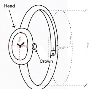 Puede incluir: Dibujo lineal de un reloj de pulsera. La esfera del reloj es ovalada, de 18 mm por 14 mm. La correa del reloj es un bucle continuo. El reloj mide 4,5 cm de alto, con una anchura de correa de 5,5 cm y una circunferencia de 16 cm.