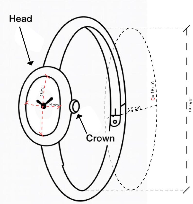 Puede incluir: Dibujo lineal de un reloj de pulsera. La esfera del reloj es ovalada, de 18 mm por 14 mm. La correa del reloj es un bucle continuo. El reloj mide 4,5 cm de alto, con una anchura de correa de 5,5 cm y una circunferencia de 16 cm.