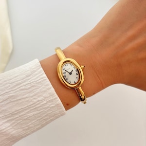 Gold Womens Wrist Watch, Bracelet Style Oval Watch, Bangle Gold Watch, Minimalist Vintage Look Gold Watch, Elegant Ladies Watch