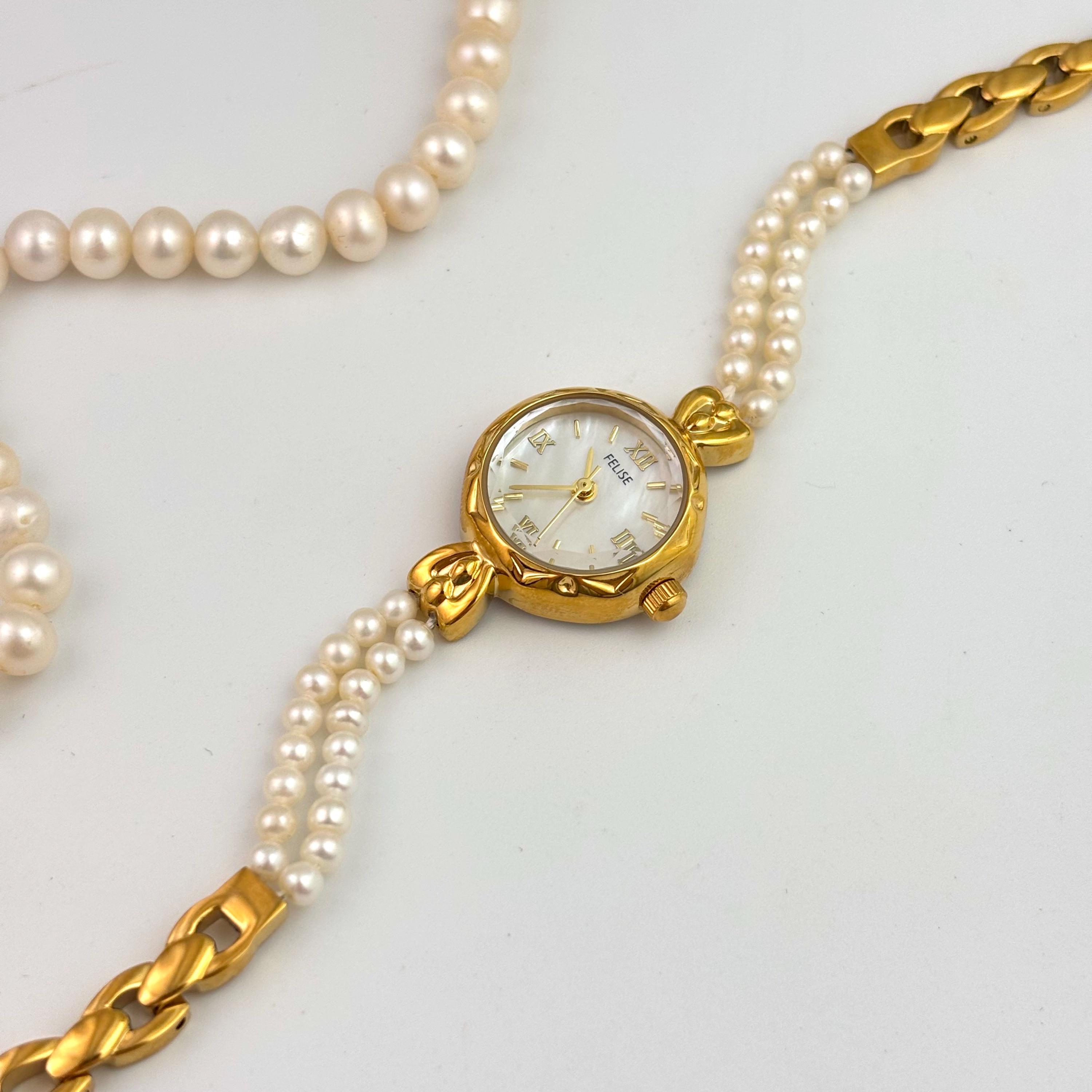 Gold Pearl Accent Watch Bracelet with belt pretty bundle vintage Hanover Swiss Antimagnetic Ladies Pearl Bracelet Watch C  main image 3