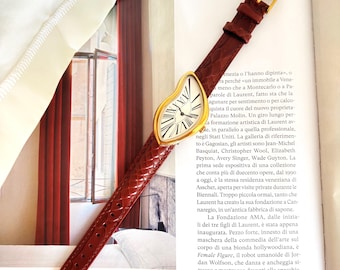 Melting Watch: Dali Inspired Surrealist Design, 14K Gold Plated, Crocodile Leather