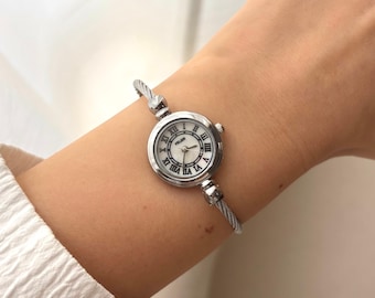 Vintage Inspired Silver Bracelet Watch, Minimalist Mother of Pearl Dial