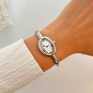 Silver Womens Wrist Watch, Bracelet Style Silver Watch, Oval Dainty Dial, Silver Bangle Watch, Minimalist Elegant Watch, Vintage Inspired