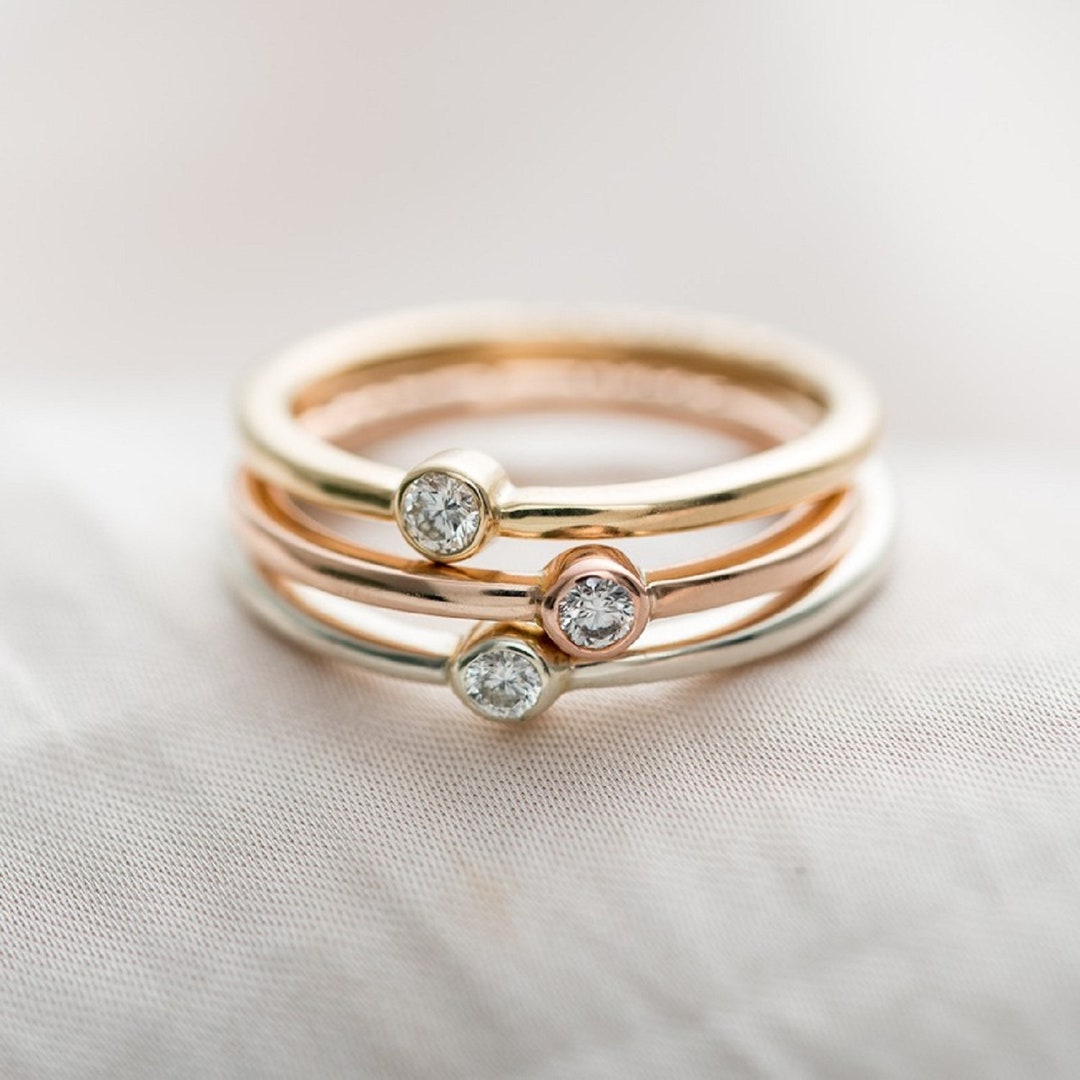Minimalist Diamond Stacking Rings, Solid Gold Dainty Ring Set, Bezel ...