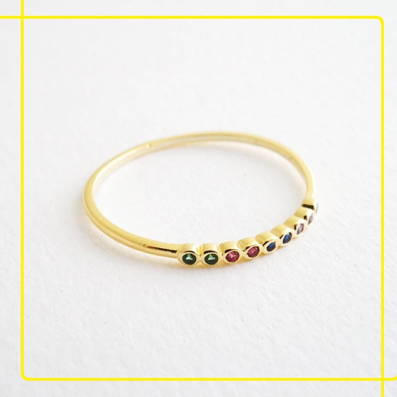 Rainbow Stone Ring,Nine Stone Ring,Birthstone Ring,Bezel Set Ring,Promise Ring,Birthday Gift Ring,Rainbow Color Stone Ring,Gift For Her Love