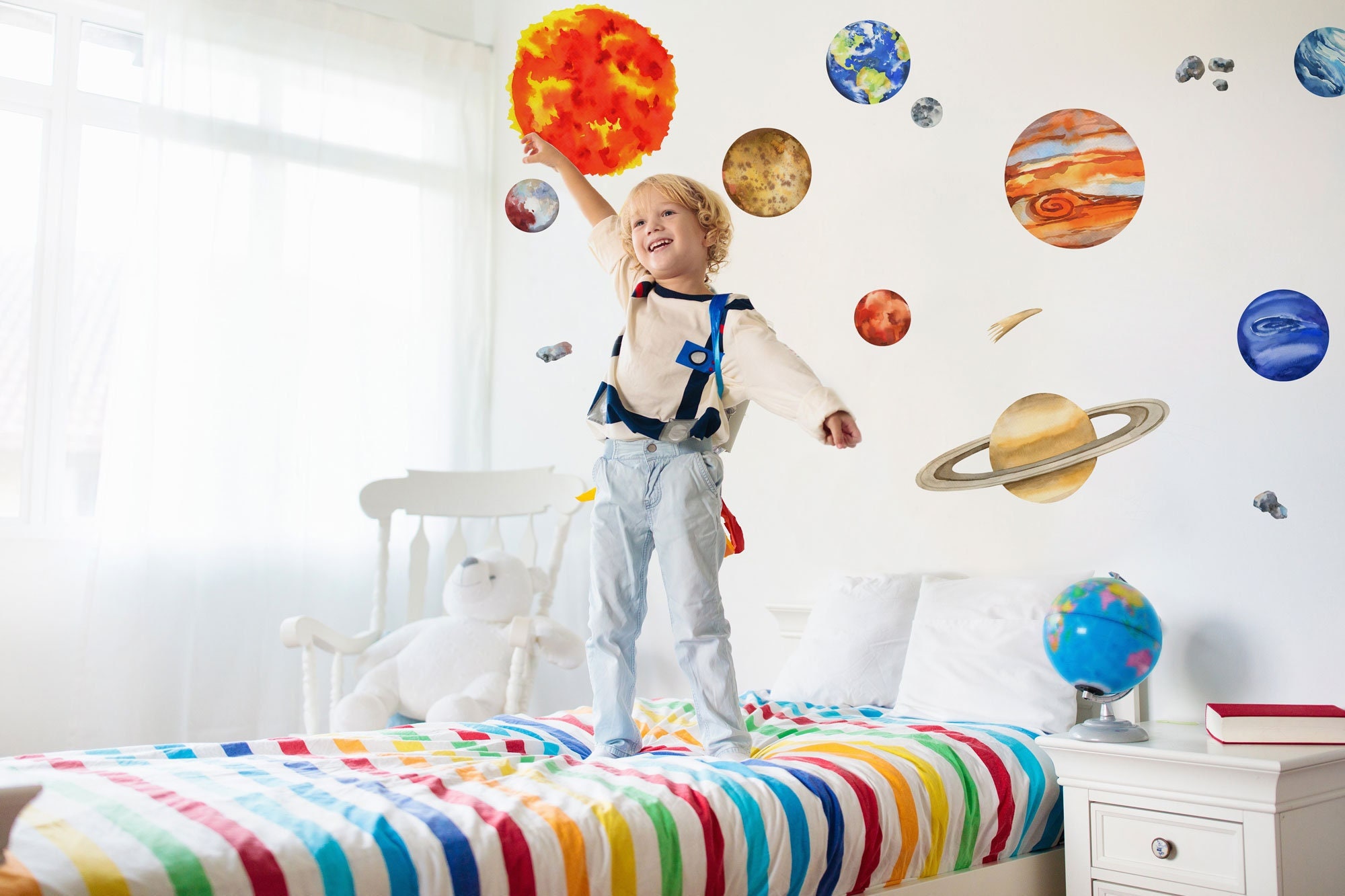Grand Stickers Planètes Aquarelle/Chambre Enfant Bébé Autocollant Mural Décoration Personnalisée Fra