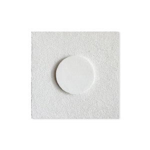 May include: A white, textured, square-shaped tile with a round, white circle in the center.