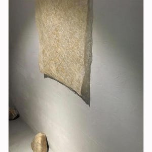 May include: A textured, rectangular, beige-colored art piece hangs against a light gray wall. The artwork has a rough, fibrous appearance and is illuminated by a spotlight, creating shadows.