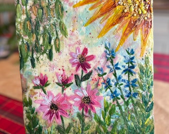 Sunshine flower garden, encaustic wax flower painting, home decor, unique art