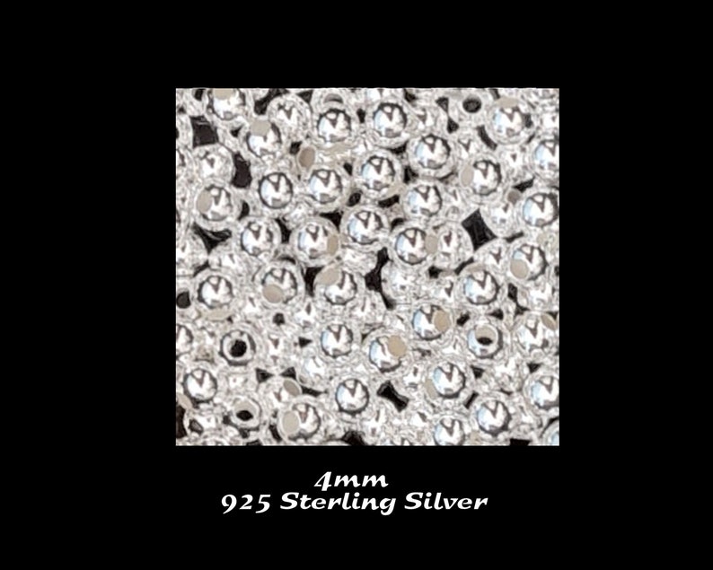 May include: A close-up image of a large quantity of small, round, silver beads. The beads are 4mm in diameter and are made of 925 sterling silver.