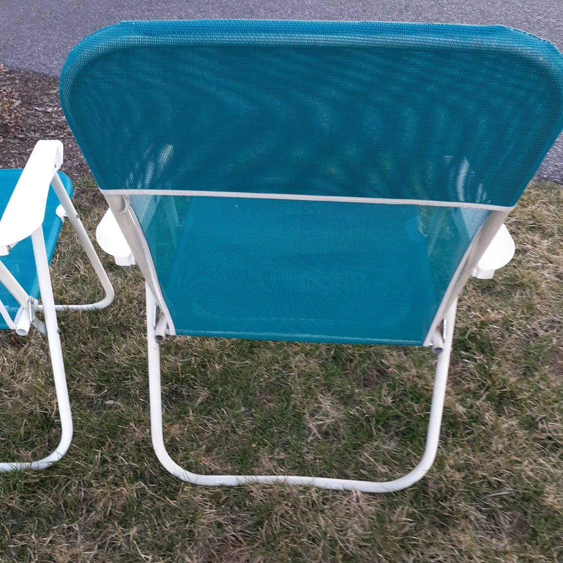 2 Aluminum Folding Beach Chairs Green Mesh Fabric Pool Camp Etsy