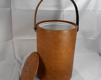 Vintage Mid Century Modern Ice Bucket  Barware Brown Marbled Padded Vinyl Silver Tone Handle Ring Shape Lidded Ice Bucket MCM Barware