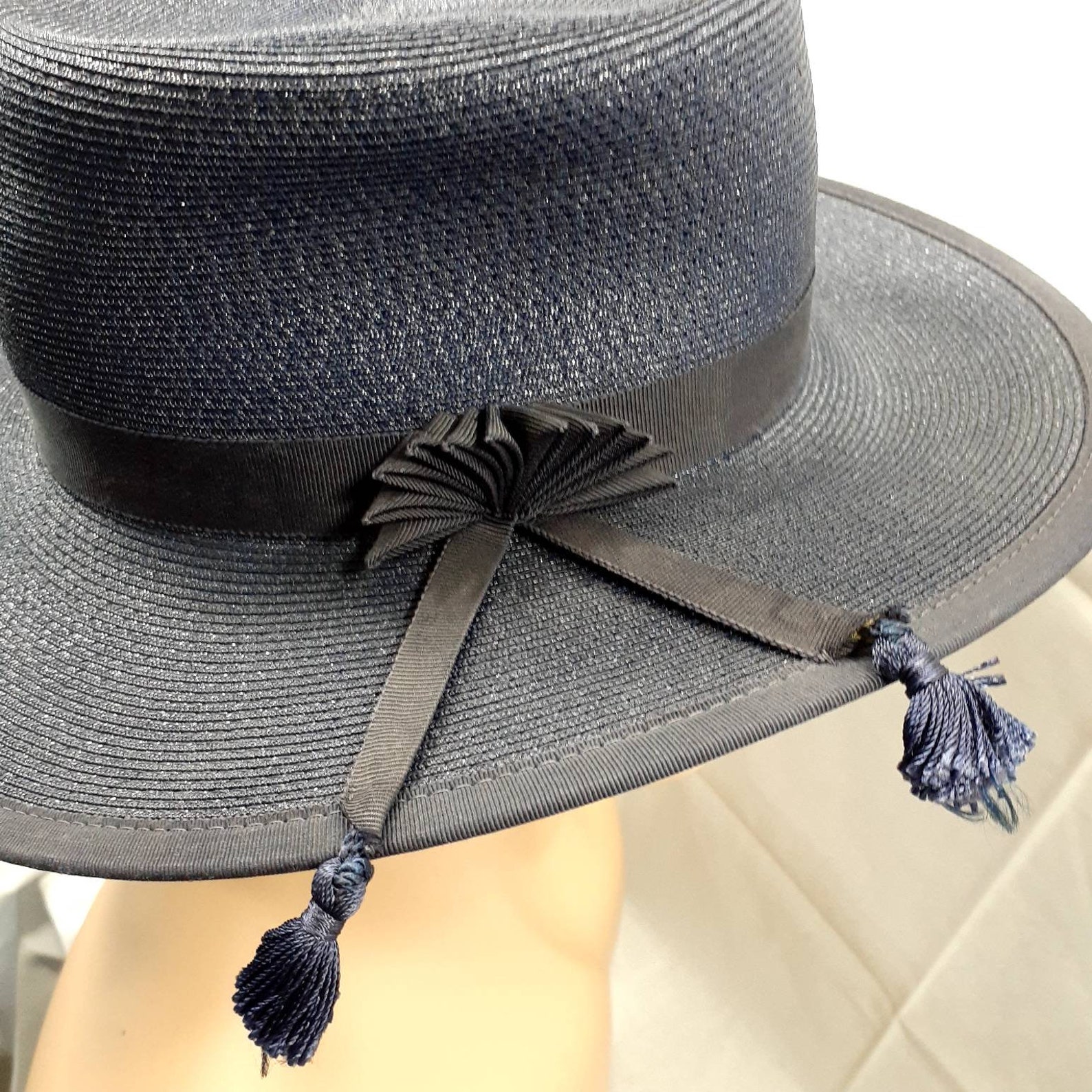 Vintage Women's Union Made Dark Blue Wide Brim Hat Medium Black Ribbon and Tassels Etsy