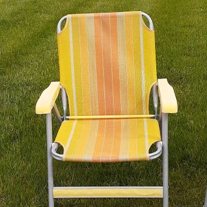 Vintage Folding Fabric Beach Chair Yellow with Orange Stripes Pool Camp Lawn Patio Beach House Lakehouse Cabin Sunbath Festival Chair