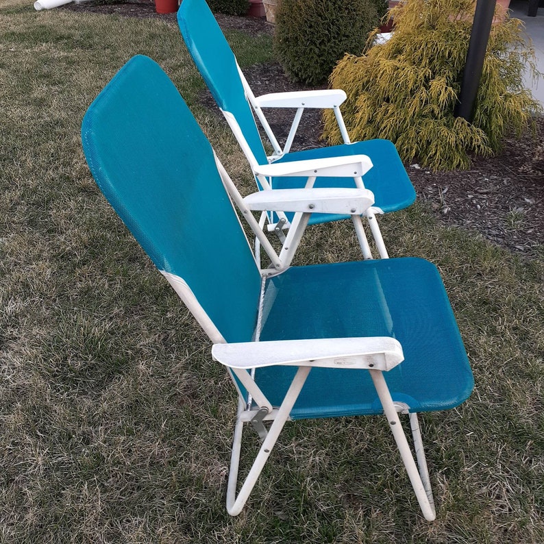 2 Aluminum Folding Beach Chairs Green Mesh Fabric Pool Camp Etsy