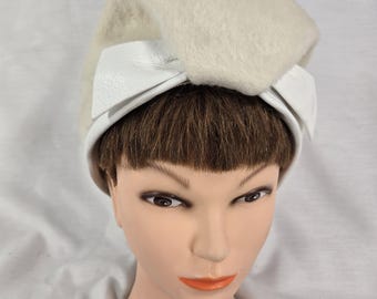 Vintage Hat with Watt and Shand Hat Box Hat is White Faux Fur with White Leather Trim Teddy Duby New York Women's One Size Fits Most 1960s