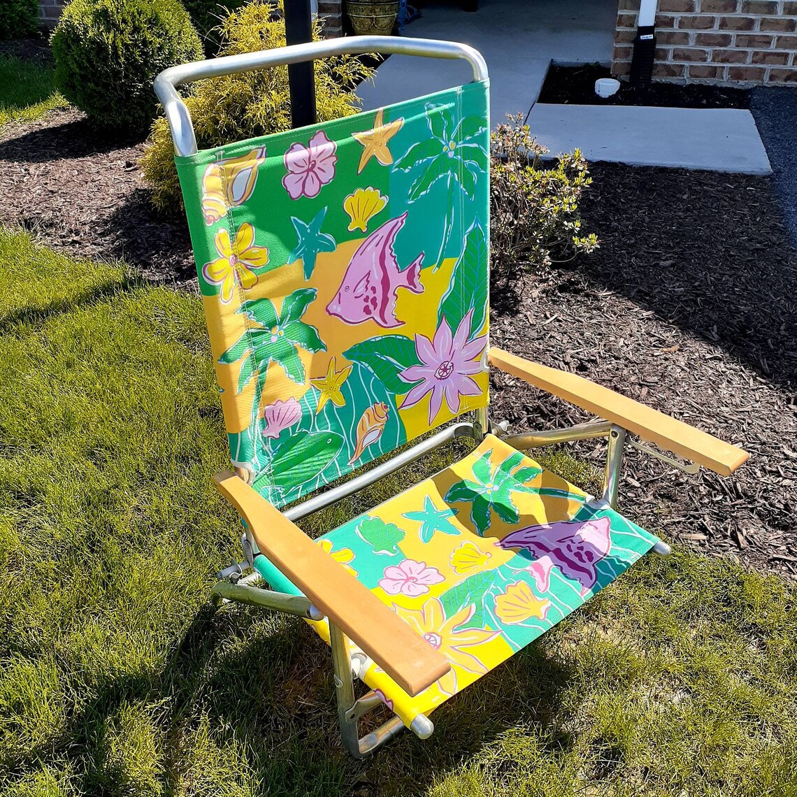 Folding Aluminum Low Profile Beach Sand Chair Green Yellow Etsy