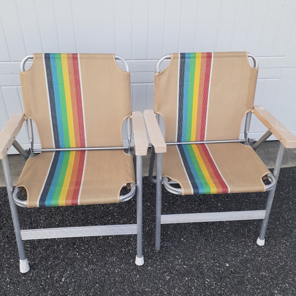 Pair of Folding Fabric Beach Chairs Beige with Rainbow Stripes Pool Camp Lawn Patio Sunbathe Cabin Lakehouse Beach House Festival Chairs