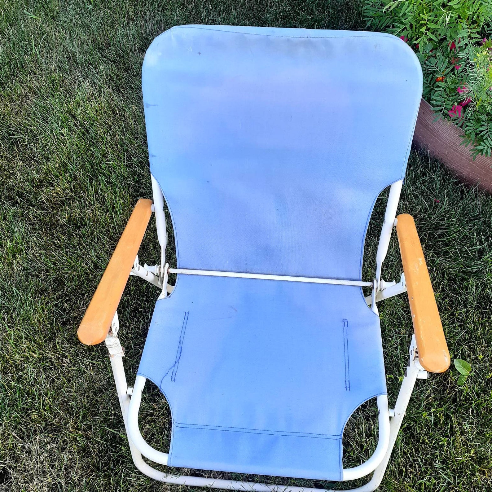 Folding Aluminum Beach Sand Chair Low Profile Wood Armrest Etsy