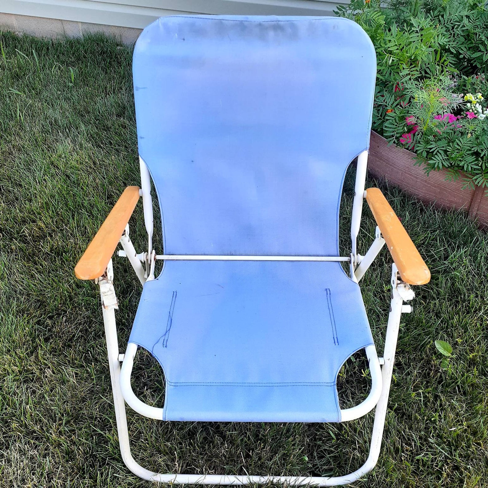 Folding Aluminum Beach Sand Chair Low Profile Wood Armrest Etsy
