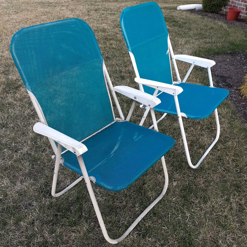 2 Aluminum Folding Beach Chairs Green Mesh Fabric Pool Camp Etsy