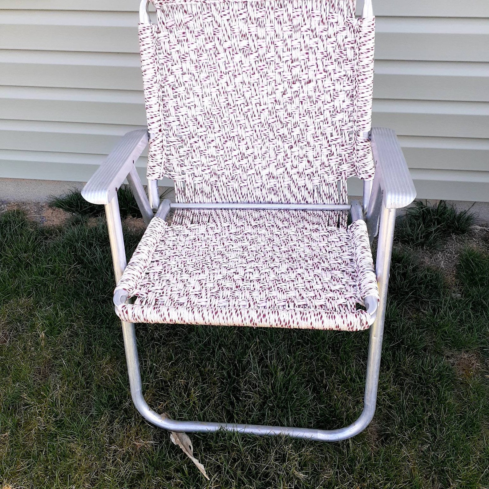 Vintage Folding Macrame Aluminum Webbed Lawn Chair Pink White Etsy