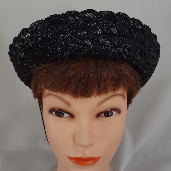 Womens Vintage Black Straw and Beads Half Hat wit… - image 1