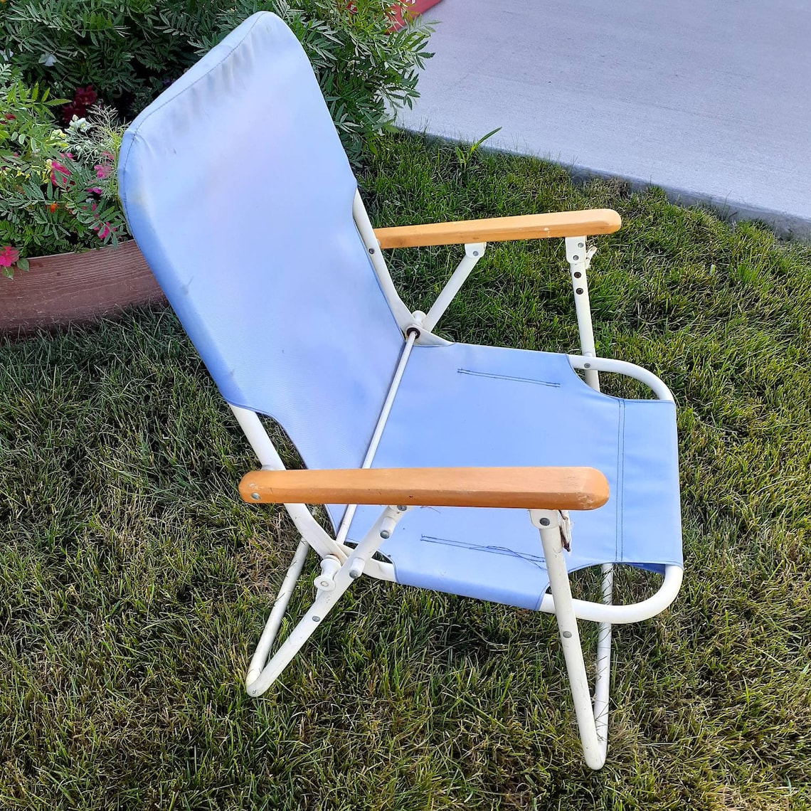 Folding Aluminum Beach Sand Chair Low Profile Wood Armrest Etsy