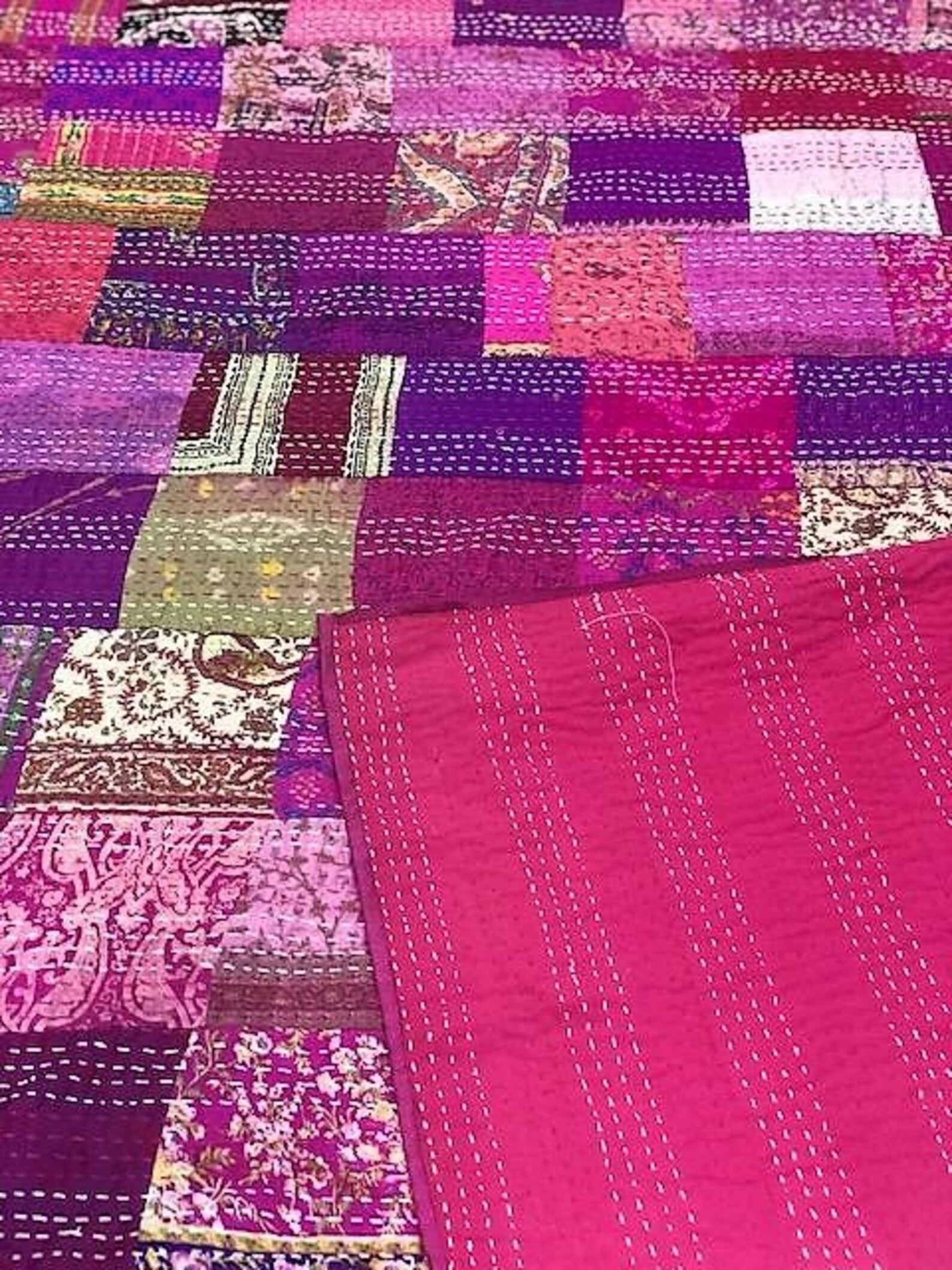 Kantha Quilt coverlet silk patchwork handmade quilt saree Etsy